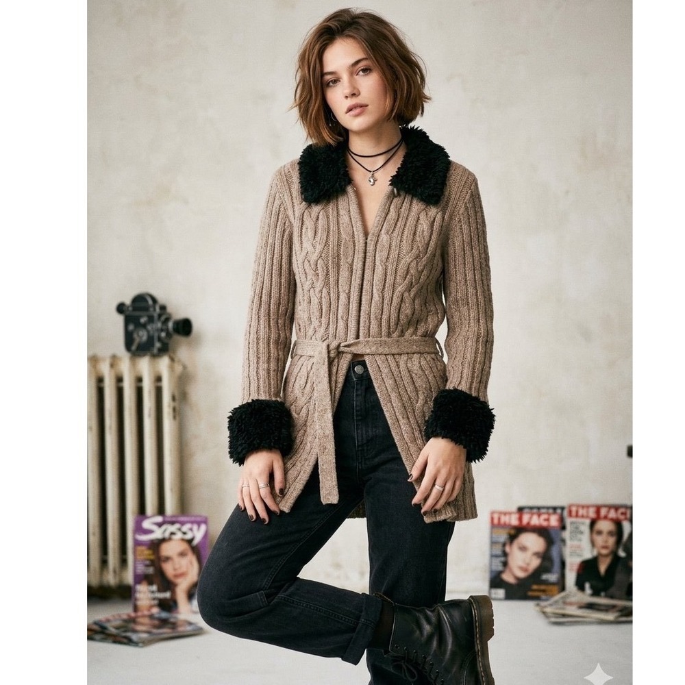 Copper Key Brown Cable Knit Faux Fur Collar Belted Cardigan Sweater Large 11/13